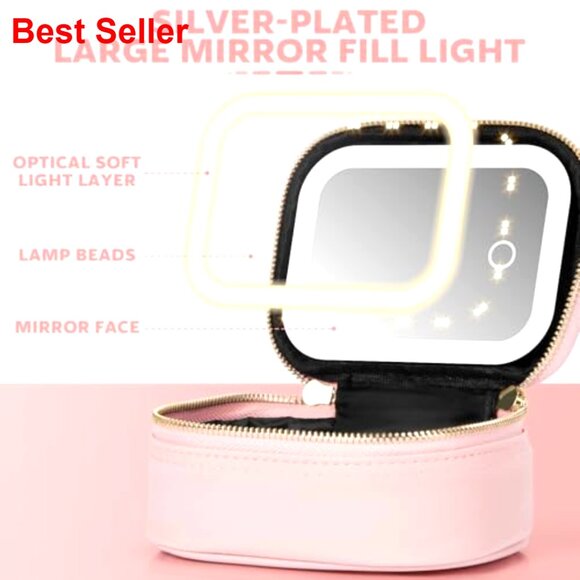 Mini LED Mirror Makeup Bag, Travel Size, Waterproof PU Leather, 3 Light Modes - Picture 5 of 6